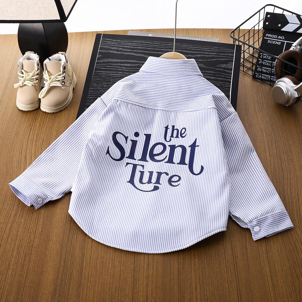Boys' Cotton Shirts, Spring and Autumn Children's Handsome Striped Shirts, Korean Version of The Big Children's Outer Wear Long Sleeves