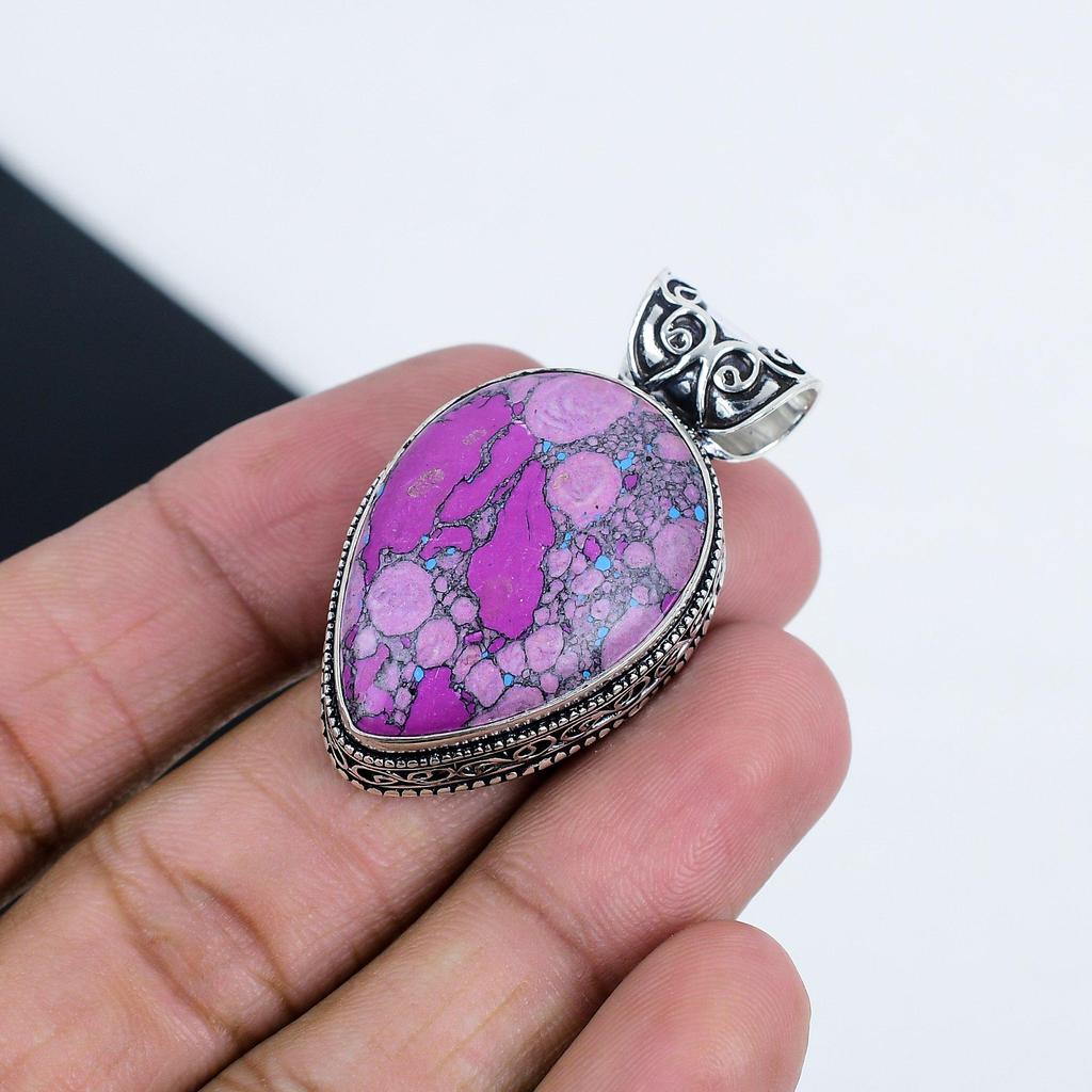 Natural Purple Turquoise Gemstone Silver Pendant In 925 Sterling Silver - Handmade Pear Design, Everyday Wear Jewelry Gift For Her