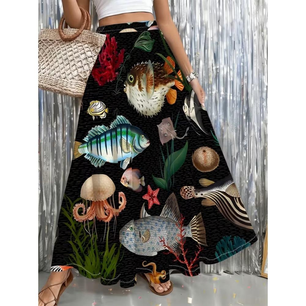 Women's Floral Printed High Waisted Long Skirt, Suitable for Casual Beach Wear on Vacation