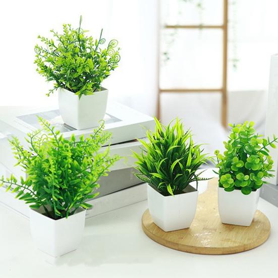 4 Stück Mini künstliche grüne Topfpflanzen, kleine Fake-Pflanzen mit Topf für Zuhause, Büro, Indoor, Tisch, Regal, Bauernhaus, Badezimmer Dekoration