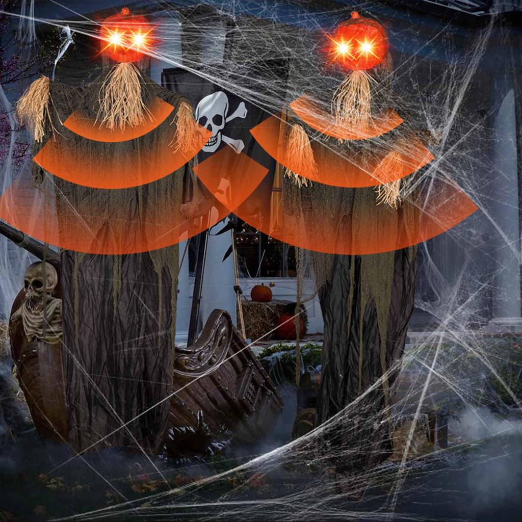 Horror Pumpkin Skull Hanging Ghost Decoration with Voice Control and Eerie Red Eyes Enhance the Spooky Atmosphere of Your Halloween Party