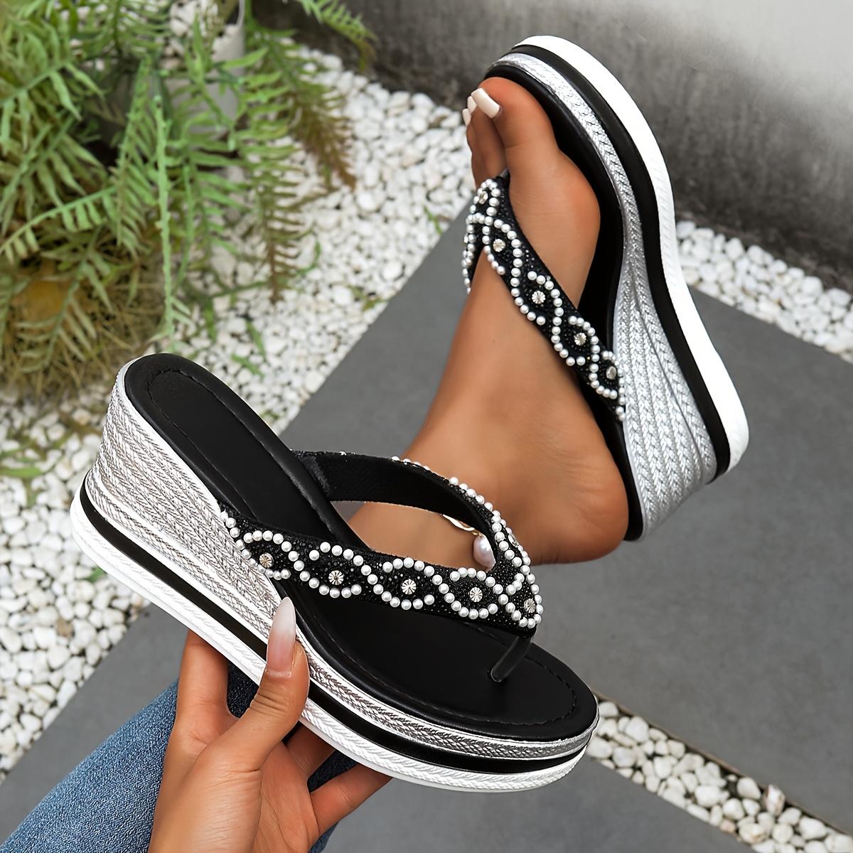 

Женские клиновые сандалии со стразами - Летняя пляжная обувь, Нескользящие, Легкие, Удобные, Искусственная отделка с резиновой подошвой, Открытый носок, Сандалии с ремешками 39 чёрный