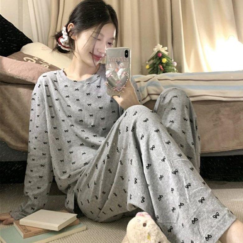 

Женская домашняя пижама Женский весенне-осенний пуловер с длинным рукавом и брюки Сладкий мультяшный свободный костюм-двойка XXL
