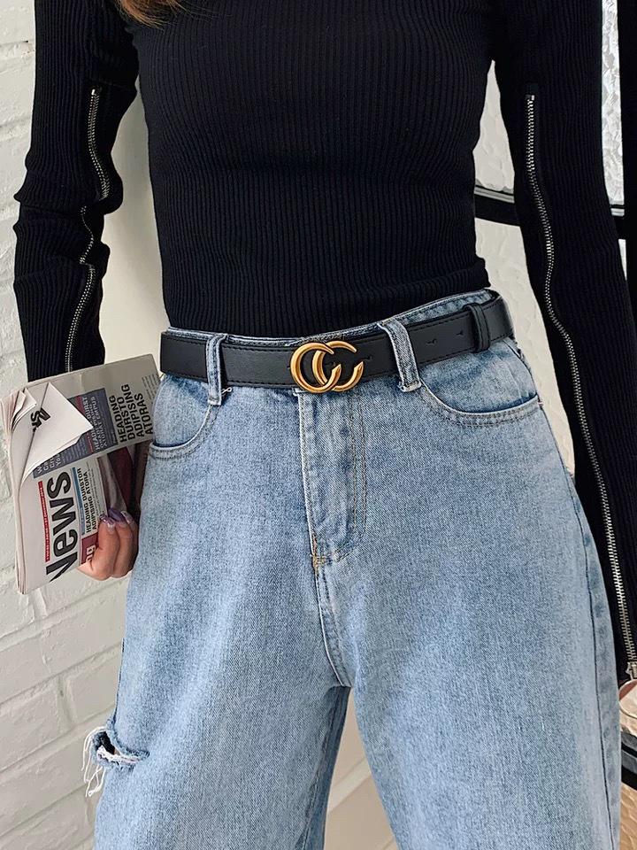 Dámský kožený pásek s přezkou Double G - Ležérní tenký pásek v pase k šatům