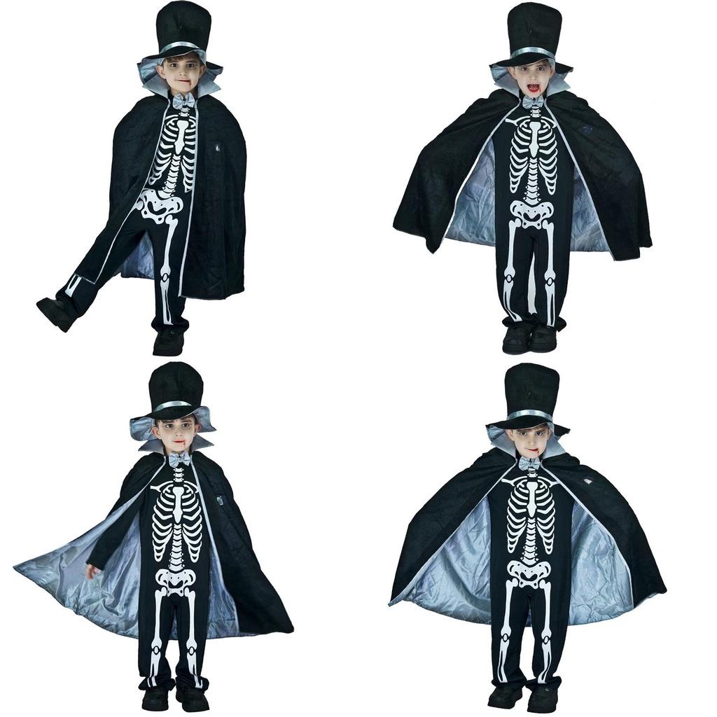 Kids Boy Skeleton Skull Ghost Cloak Halloween Cosplay Party Outfit Costume