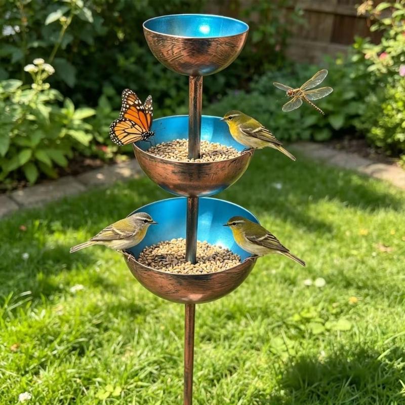 Metal Bird Bath Stake with Three Bowls for Garden Use, Rainwater Water Rest for Birds and Butterflies on Open Lawn