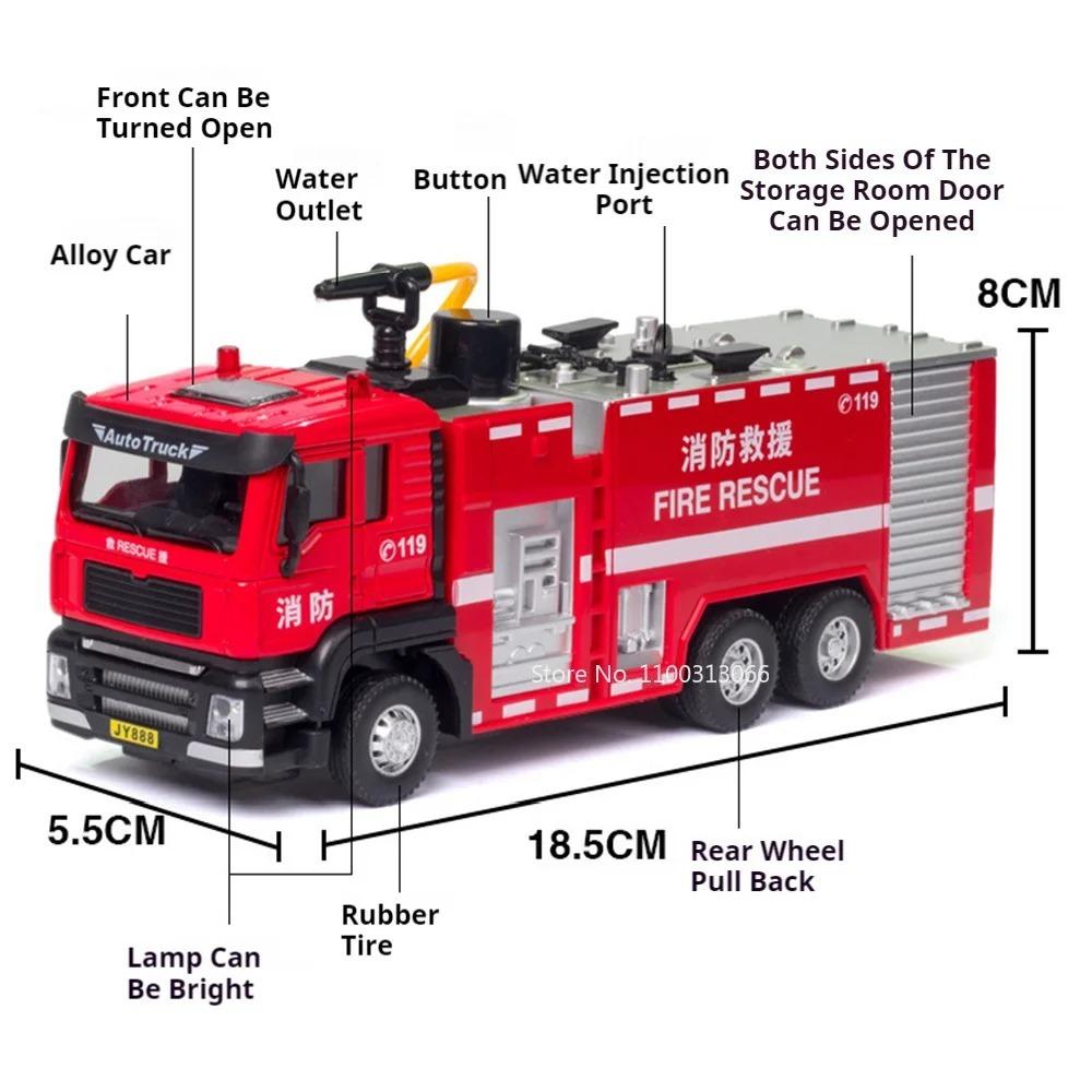 1:50 Scale Smoke Exhaust Fire Truck Water Tank Car Model Toy Music Light Metal Body Doors Opened Engineering Vehicles Boys Gifts