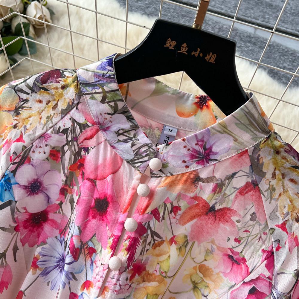 Spring Summer Fashion Vintage Flower Maxi Dress Women's Stand Collar Long Lantern Sleeve Single Breasted Floral Print Belt Slim Boho Dress