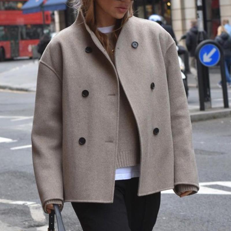 Single Breasted Women Jacket  Autumn Winter Pure Color Long Sleeve Loose Female Fashion Turn-down Collar Street Outwear