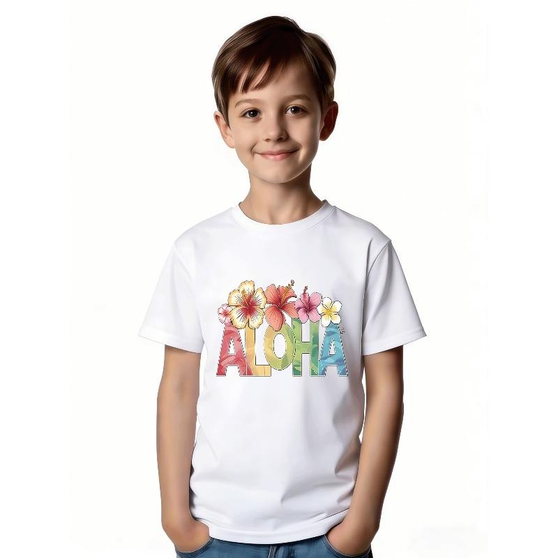 Children Crew Neck Short Sleeve T-Shirt with Floral & ALOHA Letter Print 110 белый