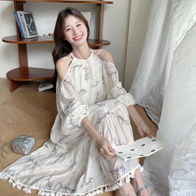 

Платье с длинными рукавами и открытыми плечами с рисунком тушью для женщин, летнее новое, для отпуска на море, ветреное, пляжное, сказочное длинное платье XL