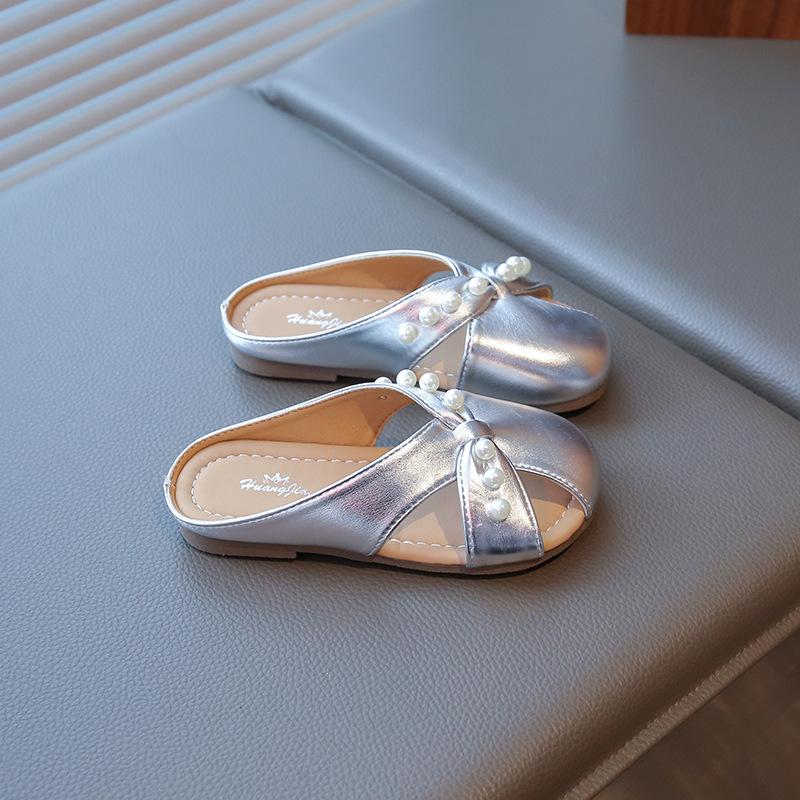 Girls' French-style pearl slippers, new summer collection, children's one-strap sandals, soft-soled, non-slip sandals for little girls