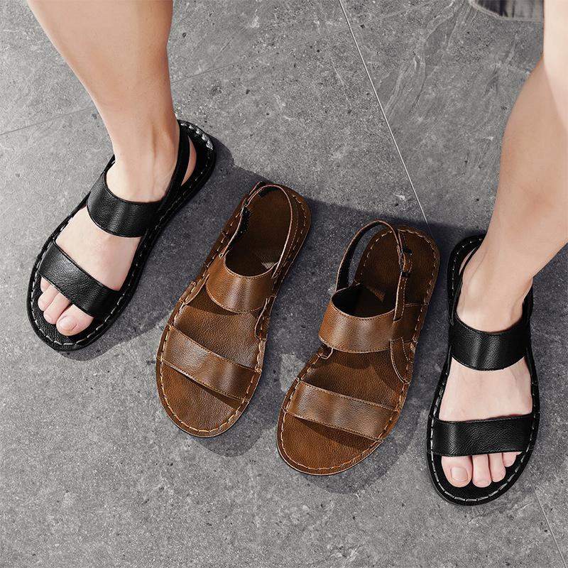 Men Slippers Handmade Simple Flats Summer Roman Sandals Retro Brown Leather Beach Shoes Plus Size