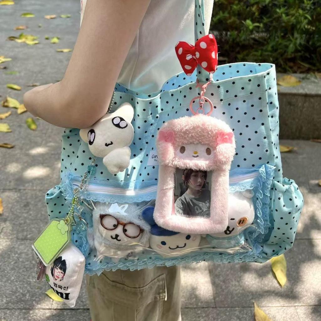 New Cute Hand Ulzzang Y2k Ita Bag for Girls Large Capacity Fashionable Polka Dot Canvas Shoulder Bag Casual Commuting Tote Bag