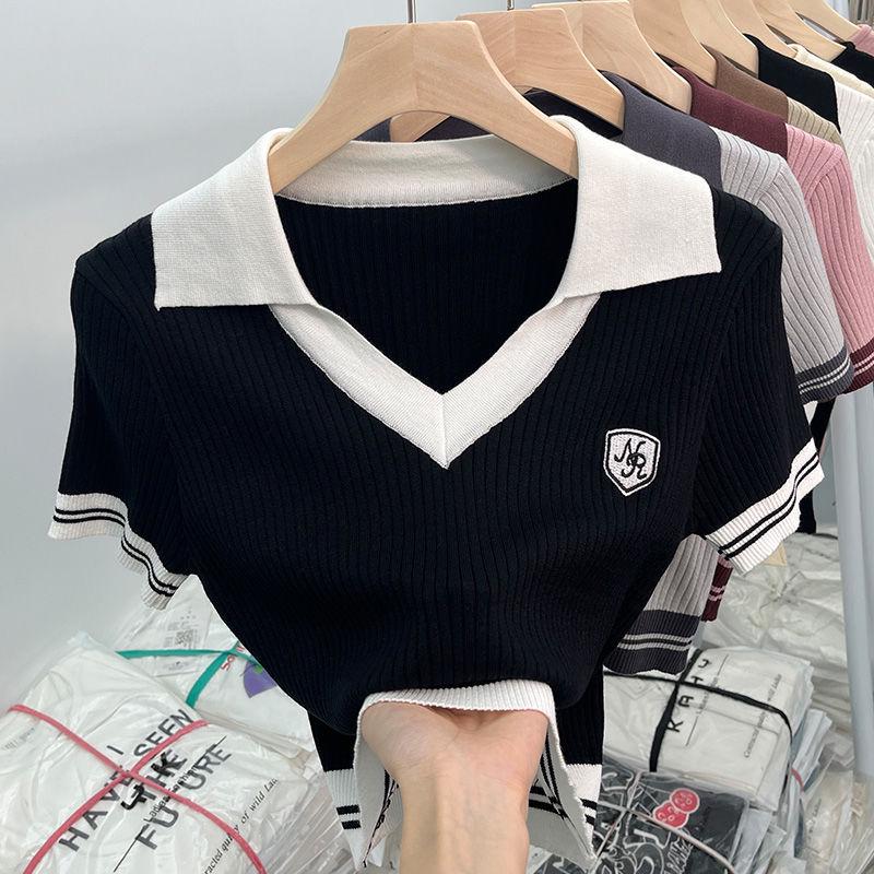 Chic Hong Kong Style Sweet & Spicy V-Neck Polo Knit Top - Women's Summer Short-Sleeve T-Shirt