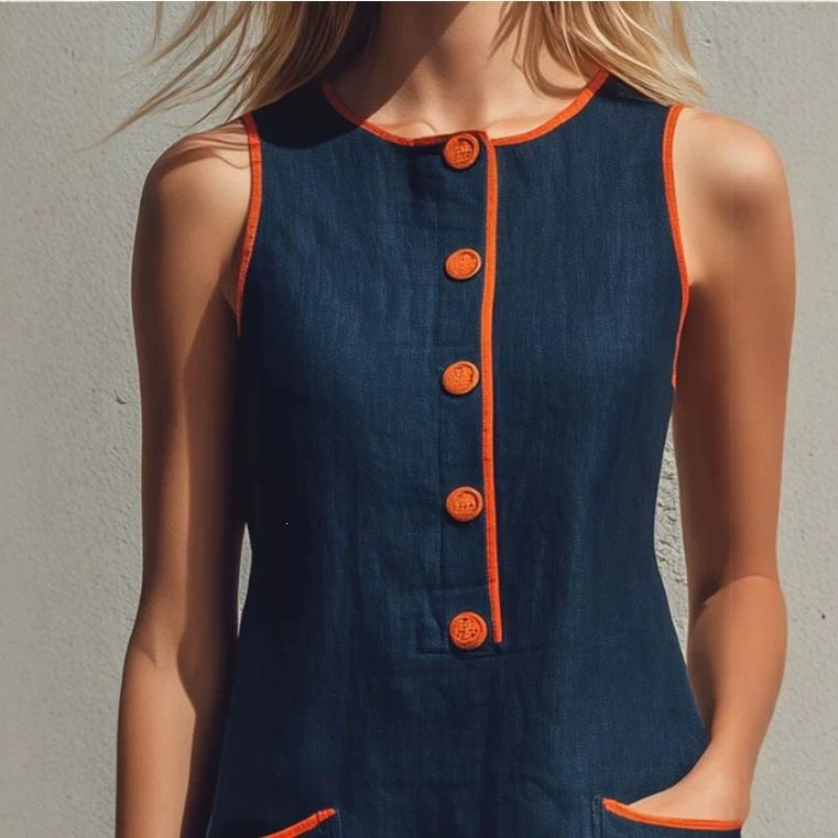 European and American independent station casual retro color matching decoration blue sleeveless crew neck cotton and linen mini skirt S