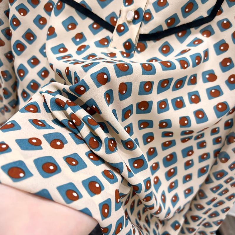 Korean Style Slim Lapel Color-blocking Printing Age-reducing Long-sleeved Chiffon Shirt Thin Top