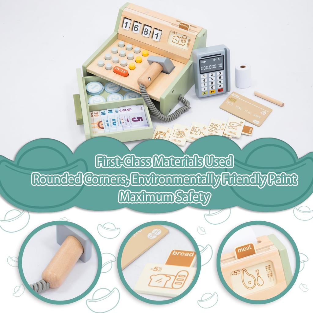 UMU Cash Register Toy Self-Checkout Set - Pretend Play Shopkeeper - Wooden Toy with Money and Bills - 35 Pieces - Educational Toy - Shopping Together