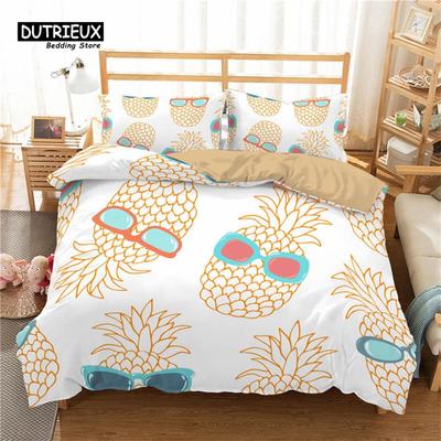 Divertente Set Biancheria da Letto Frutta Tropicale Microfibra Ananas Pera Motivo Geometrico Copripiumino con Federe per Decorazione Camera da Letto Bambini