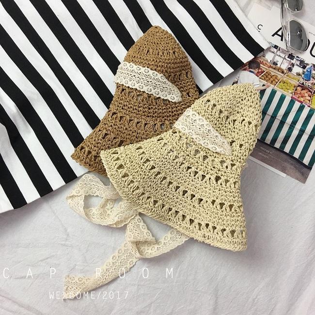 Lace Strap Fisherman Straw Hat Female Summer Eaves Sunshade Travel Straw Folding Beach Sun Hat