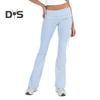 Women Pants Mid-rise Elastic Waist Adjustable Side Drawstring Long Trousers Solid Color Skinny Flared Pants Daily Wear