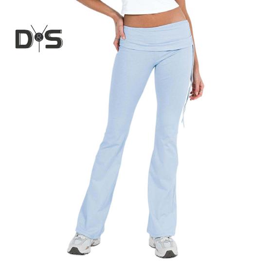 Women Pants Mid-rise Elastic Waist Adjustable Side Drawstring Long Trousers Solid Color Skinny Flared Pants Daily Wear