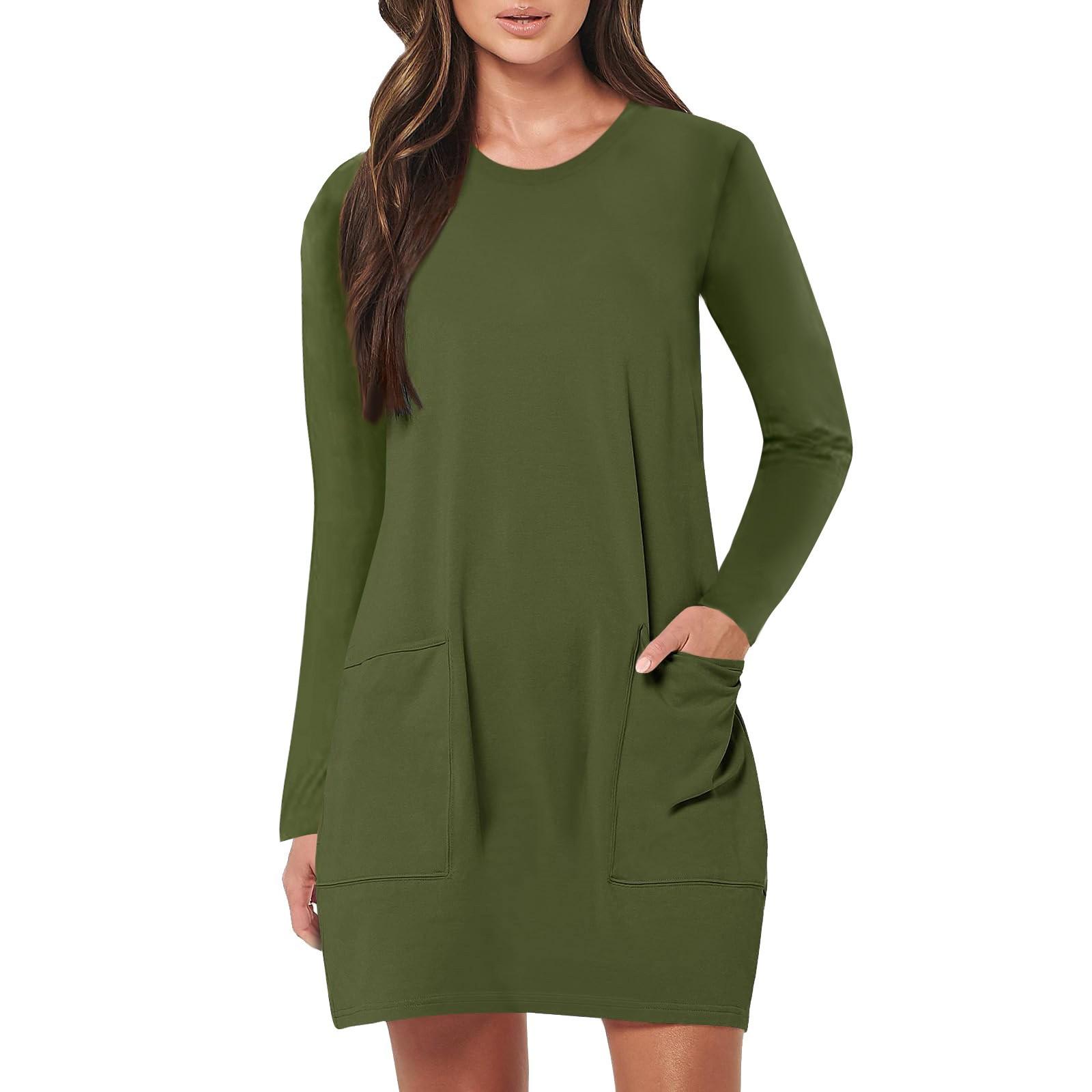 

Жіночі модні пляжні сукні середньої довжини з круглим вирізом і кишенями з довгим рукавом для відпочинку S