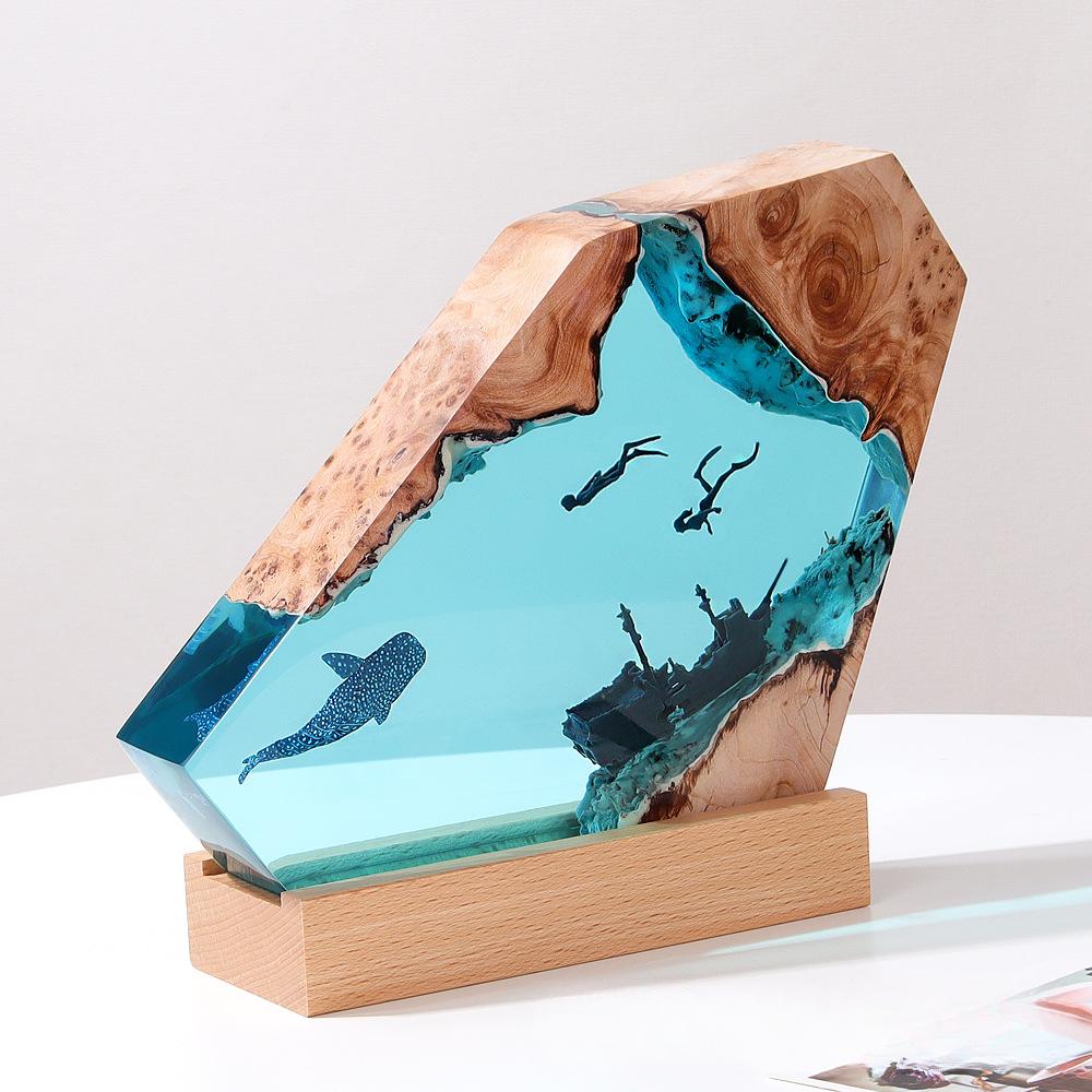 Resin Ocean Shipwreck Night Light, Shark & Whale Art Sculpture, Solid Wood Base - Home Bedroom Office Desk Decor Gift