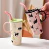 Cute Cat High Cup Girls Cup with Lid Casual Cup Ceramic Mug with Straw Birthday Gift Style