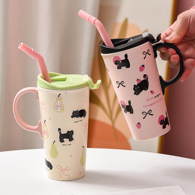 Cute Cat High Cup Girls Cup with Lid Casual Cup Ceramic Mug with Straw Birthday Gift Style