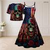 Women Plus Size Two Piece Dress Set V Neck Short Sleeve Silver Drips Printed Black Flared Dress