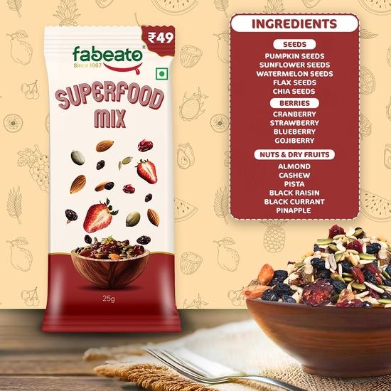 Fabeato Munch on the Go Snack Premium Superfood Mix | Ořechy, sušené ovoce, semínka a bobule | Každý sáček 25 g | Balení po 10 kusech