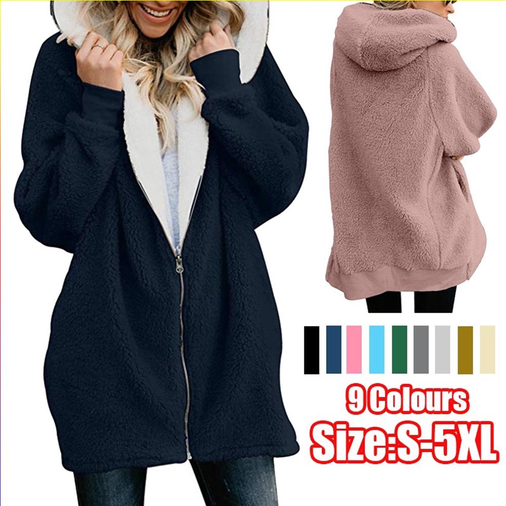 Buy Women Fashion Oversized Solid Hooded Fleece Coat Winter Fluffy Cardigans Outwear at