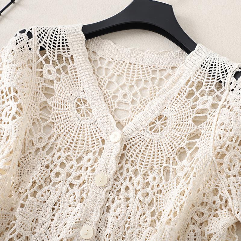Sheer Crochet Top Short Sleeve Button Front V-Neck Open-knit Embroidery Blouse Women Summer