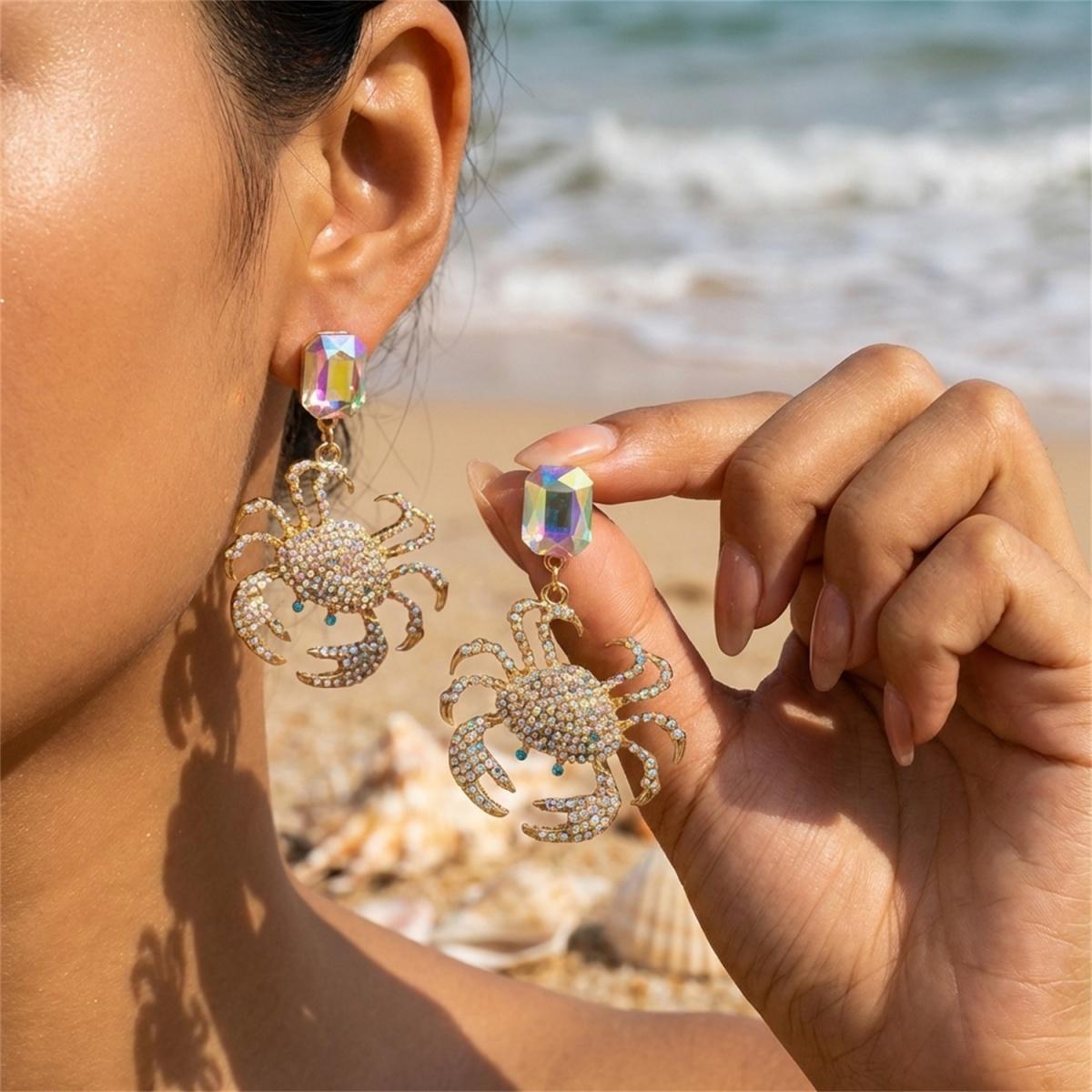 

Sparkling Full Rhinestone Square Crab Dangle Earrings For Women Men Summer Ocean Sea Animal Earring Beach Party Vacation Zircon