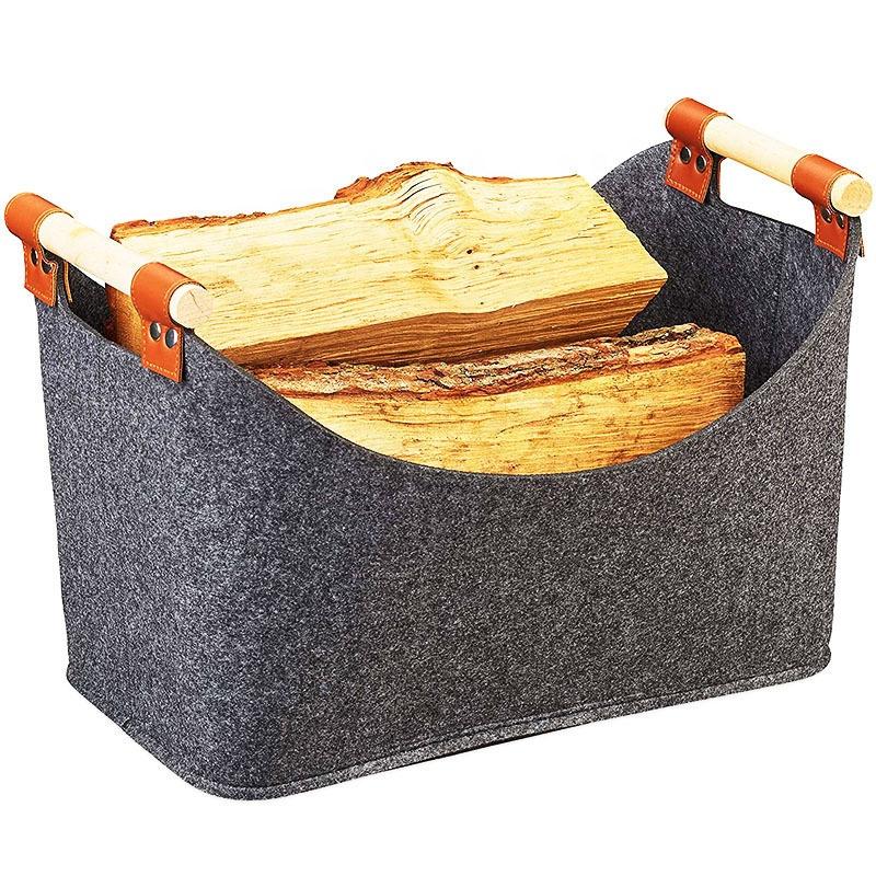 

Felt Books Organizer Home Organization Large Capacity Kids Toys Clothes Box Foldable Firewood Storage Baskets with Wood Handles 40*22*27cm
