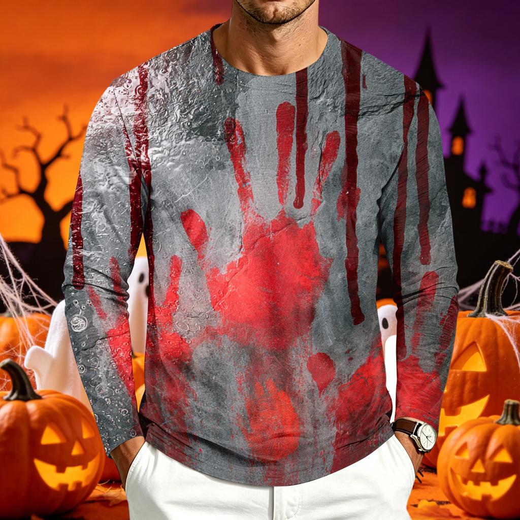 Men's Casual Long Sleeve Halloween Printed T-Shirt for Everyday Wear