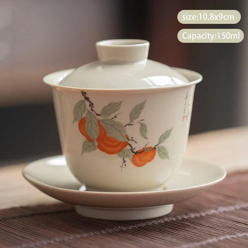 Chinese ceramic covered bowl vintage handmade hand-painted flower tea bowl portable tea set for travel