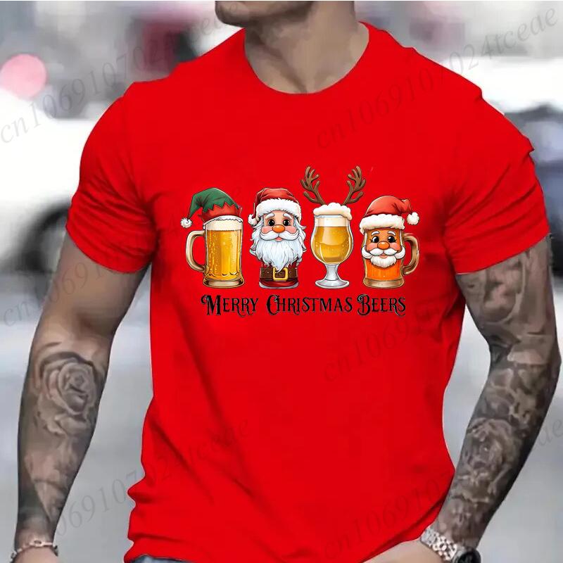 Cotton Funny Christmas Drinking T-Shirt  Merry Christmas Santa Beer Print T-Shirt Men Fashion Casual Short Sleeves Breathable Tshirt Tees Tops