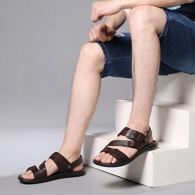 Men Black Leather Sandals Summer Brown Outdoor Hiking Sandals Wide Head Beach Shoes for Father Over Sized