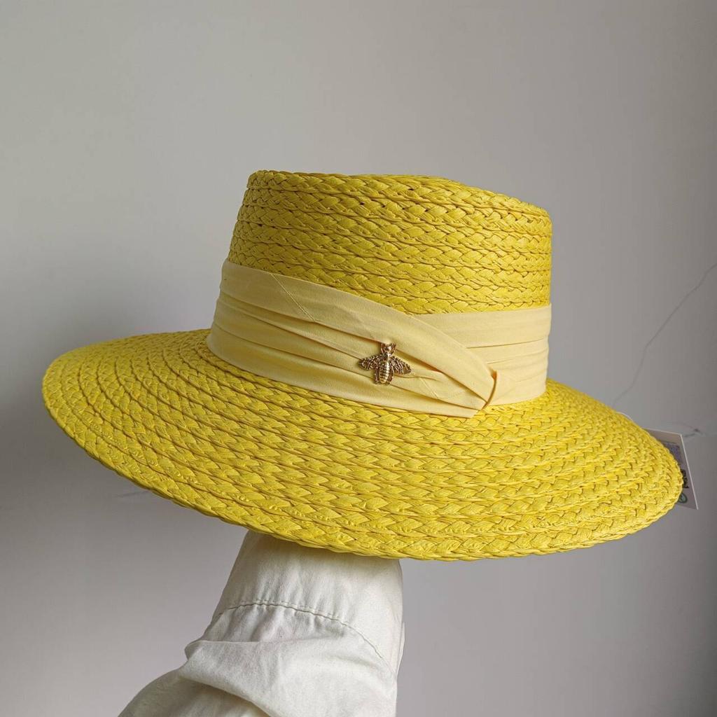 Boater Straw Hat wide brim French elegant square ribbon women's sun hat holiday straw hat
