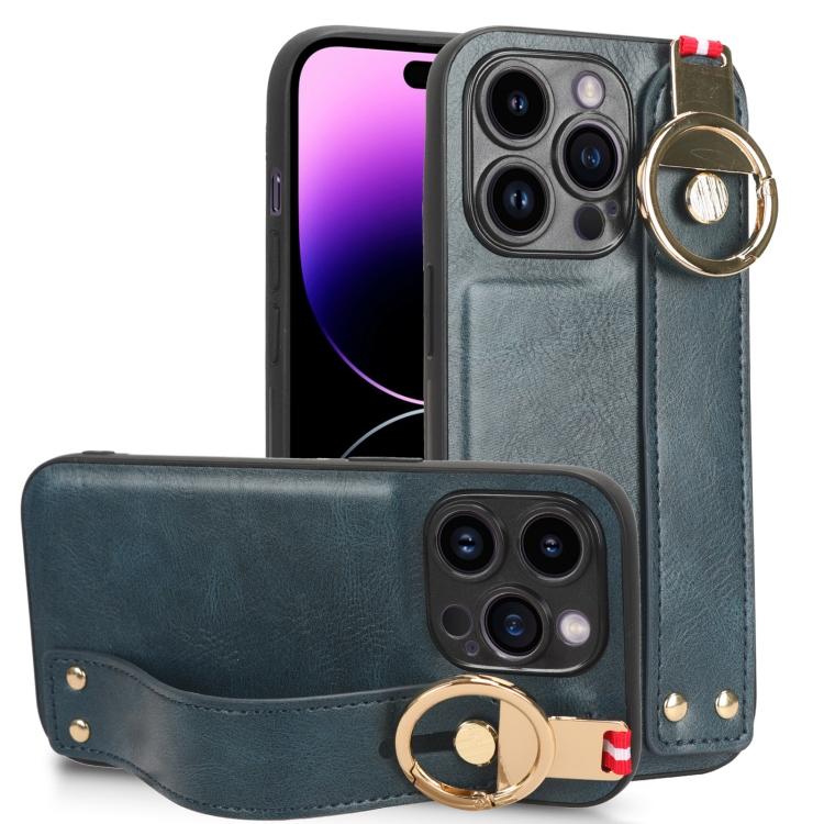For iPhone 14 Pro Wristband Leather Back Phone Case