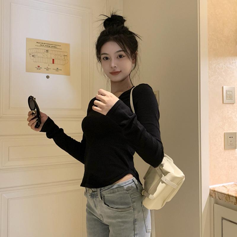 Casual All-Match Inside Wear Simple Solid Color Irregular Short Style Exposed Navel U-Neck Long-Sleeved Top