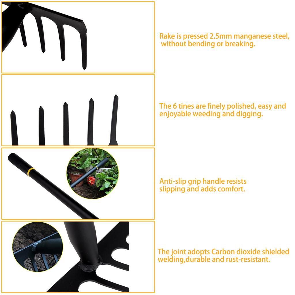 Comfortable Grip Manganese Steel Quenched 6-tooth Nail Rake Black Rake Tools