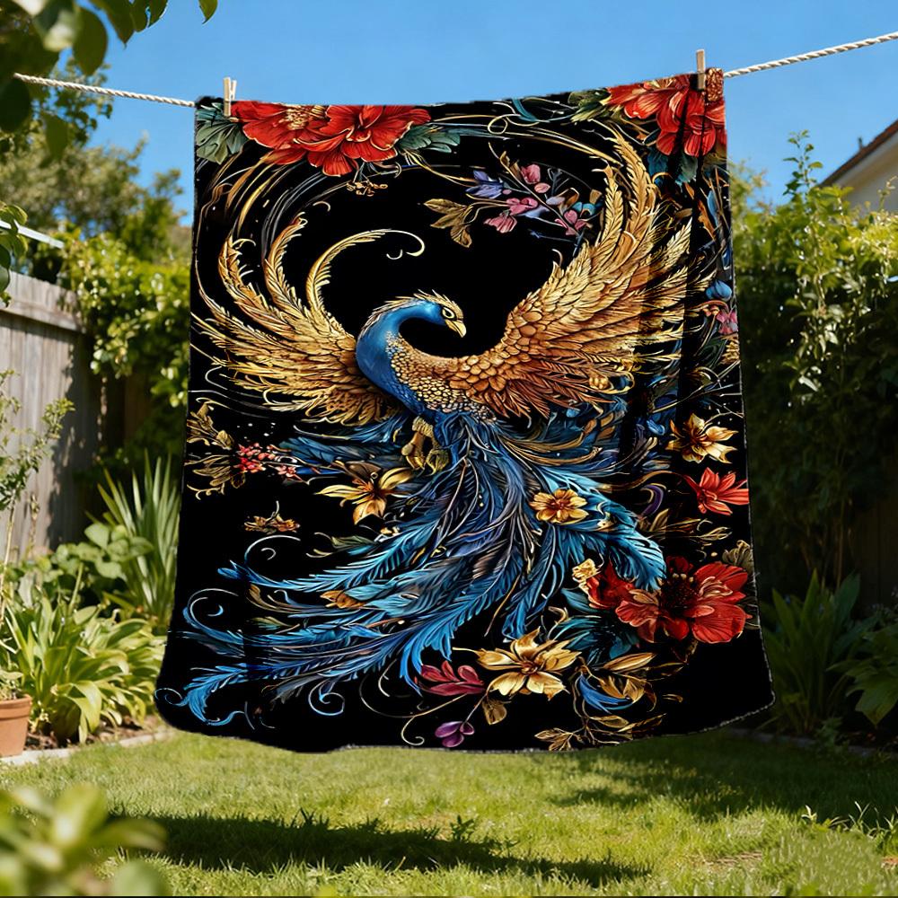 1pc Phoenix Feather Print Outdoor Blanket, Lightweight Polyester,