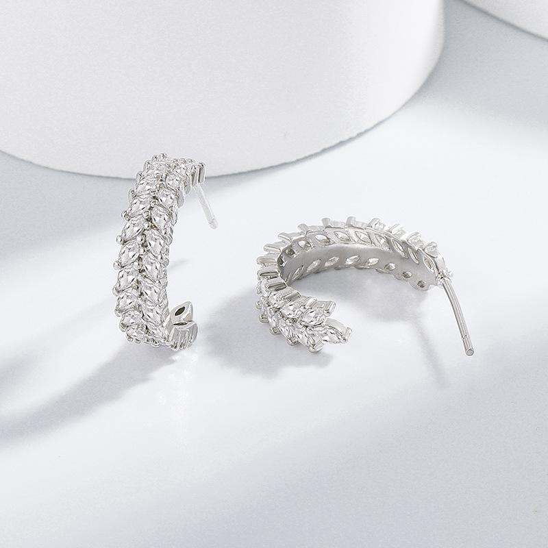 925 Sterling Silver Stylish Elegant Geometric C-Shaped Earrings with Zircon Leaves Birthday Party Anniversary Gift серебряный