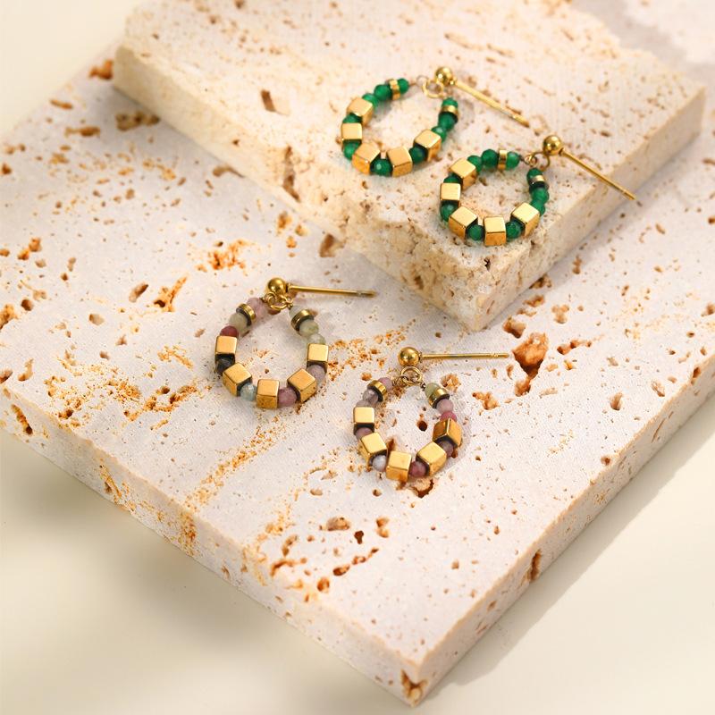 Natural Stone Beaded Spacer Square Dice Stud Earrings Titanium Steel Plated Real Gold Women'S French Retro Stainless Steel Earrings