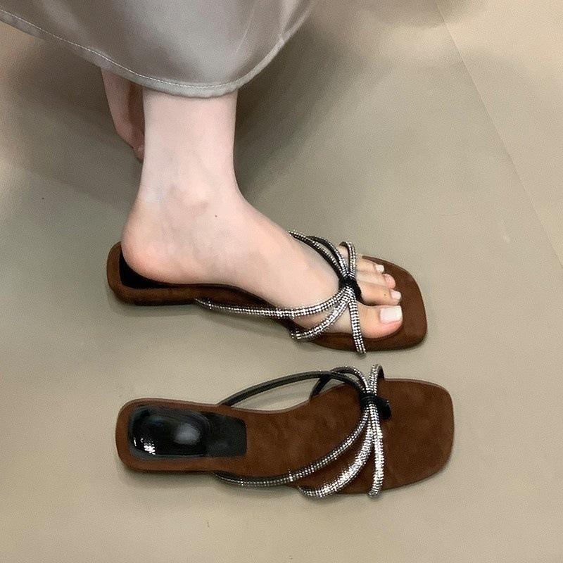 Dünner Riemen Strassstein Strand Rosa Cool Pantoletten 2025 Neu Sommerurlaub Ein-Wort Frau