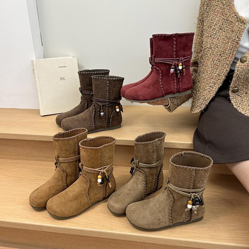 Short Boots Children's Autumn New Retro Flat Bottom Beaded Strap Short Boots Soft Bottom Fashion Matte Martin Boots