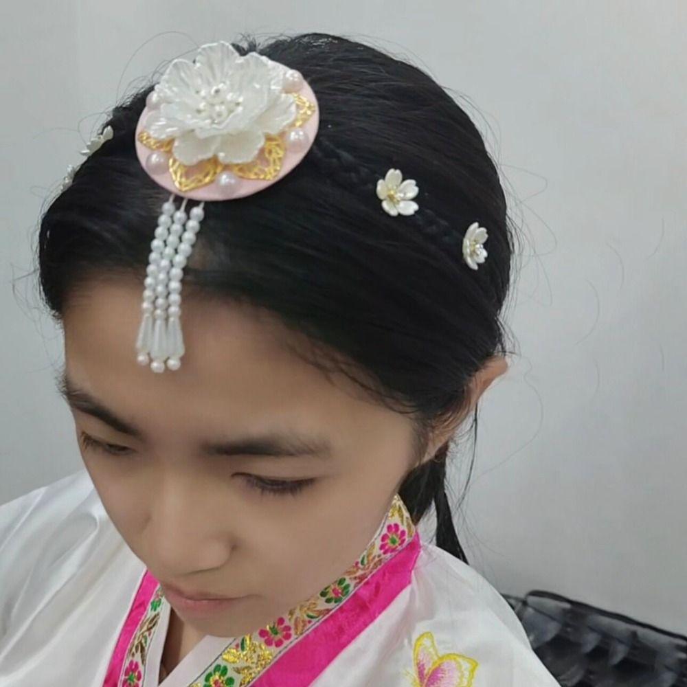 Pearl Hanbok Wig Headdress Flower Stage Dance Hair Hoop Gift Korea Ethnic Style Hairband Girls